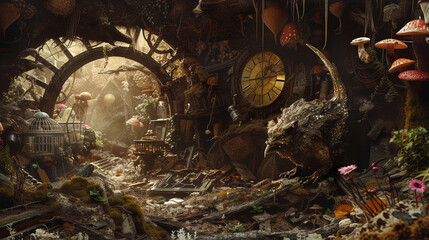 An artistically crafted illustration showcasing a junkyard turned sanctuary for a creature straight out of a fantasy tale