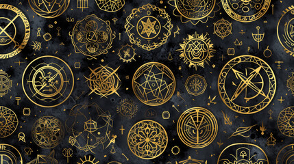 Fototapeta na wymiar Seamless pattern illustration background featuring mystical runes and symbols. Ancient symbols and sigils intertwine, forming a mysterious and enchanting pattern that evokes a sense of magic