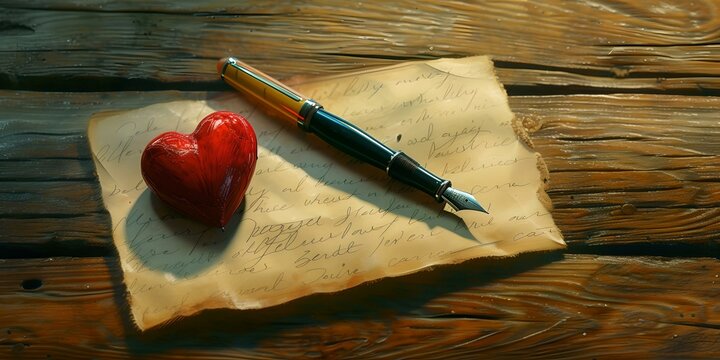 Vintage-inspired love letter concept with red heart and fountain pen on wooden background. romantic and nostalgic image, ideal for valentine's day themes. AI