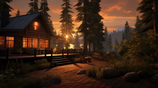 Dawn view of an outdoor log cabin house in the natural and cool countryside.