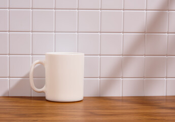 White mug for a variety of beverages. Copy space for text.