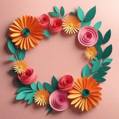 Fototapeta na wymiar A wreath of colorful paper cutout flowers with lush green leaves, arranged in a circular pattern