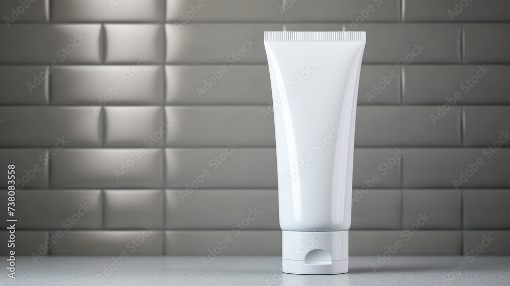 Poster Mockup: White moisturizing face wash tube in bathroom room interior mock-up, beauty and care product packaging template, Free CopySpace