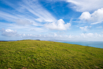 Vast grazing grassland on the top of the cliff near the Needle, Isle Of Wight