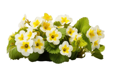 Naklejka na ściany i meble Bunch of White and Yellow Flowers With Green Leaves. A group of white and yellow flowers with green leaves gathered together in a vibrant arrangement. Isolated on a Transparent Background PNG.