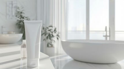 Mockup: White moisturizing face wash tube in bathroom room interior mock-up, beauty and care product packaging template, Free CopySpace