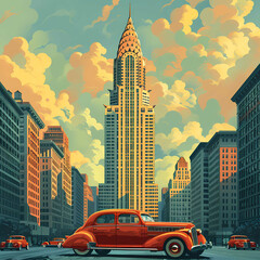 Vintage Car and Iconic Skyscraper in Art Deco Style Illustration