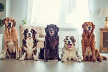 A pack of playful pups of various dog breeds sit eagerly on the indoor floor, their brown coats...