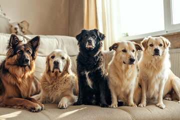 A cozy group of canine companions, representing various breeds from the sporting group, relaxes on a couch against a warm indoor wall, gazing out the window with their playful brown puppies by their 