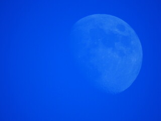 Near full Moon on blue sky in daylight in February 2024 with copy space