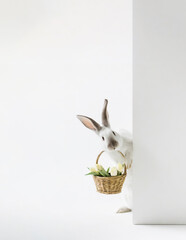 Cute bunny looking around the corner with easter basket, white minimalist design