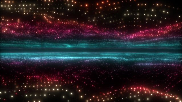 Abstract animation glow orange blue particles motion on black background for technology background. 4K 3D chaotic motion of glow particles gold flying in the air