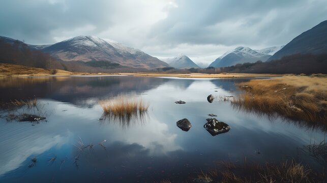 Serene lake reflection with majestic mountains at twilight. a picture-perfect landscape scene. ideal for backgrounds or wallpapers. AI