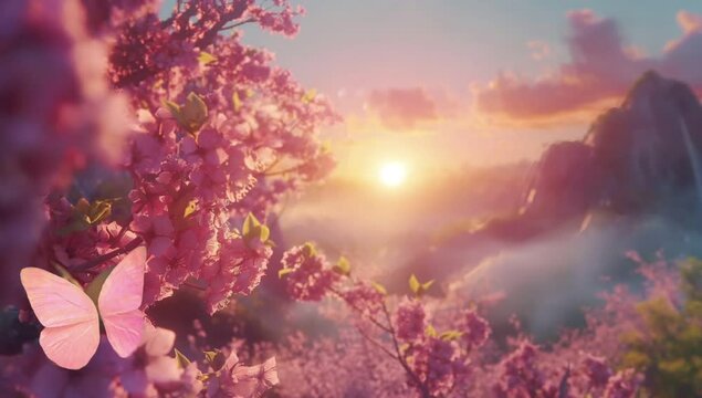 The rosy hues of twilight envelop the cherry blossom trees at the base of the mountain, creating a beautiful Seamless looping time-lapse animation video background  Generated AI