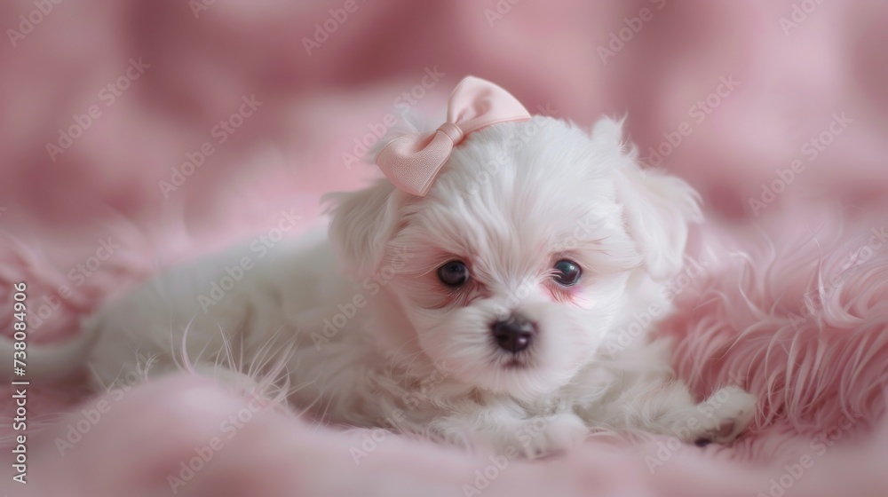 Sticker  Maltese puppy with a pink bow laying on pink 