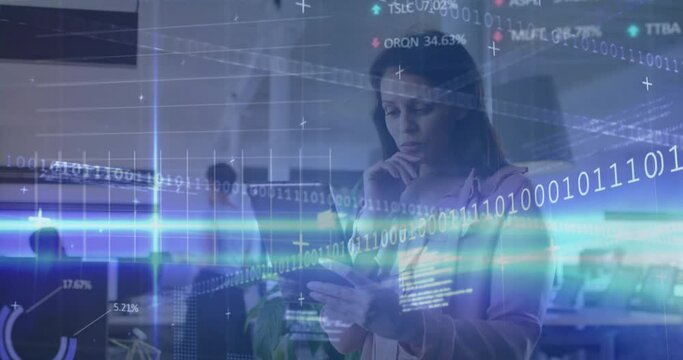 Animation of financial data processing over biracial businesswoman with tablet in office