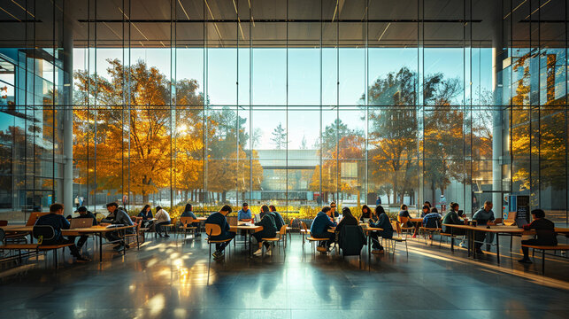 Students Socializing in Outdoor University Courtyard. University students engaging in conversation at outdoor tables in a sunlit courtyard surrounded by modern architecture.