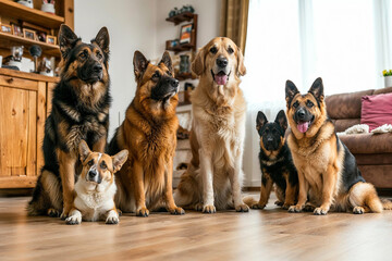 A pack of majestic german shepherds lounging on a rustic wooden floor, showcasing their innate loyalty and domesticated charm as cherished pets - obrazy, fototapety, plakaty