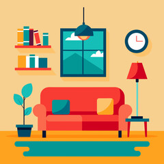 Living room with sofa and bookshelves. Flat design vector illustration.
