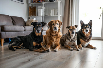 A cozy indoor scene of various dog breeds lounging on the floor, with one puppy sitting on the couch by the wall, all content in their shared space as beloved pets