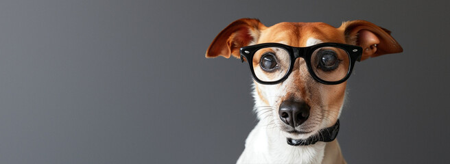 A stylish canine sporting spectacles stands tall with pride, showcasing its unique breed and beloved pet status with a collar around its neck - obrazy, fototapety, plakaty