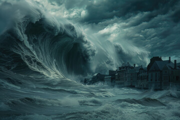 image of a tsunami engulfing the city, natural disaster concept - obrazy, fototapety, plakaty
