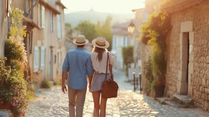 Energetic elderly couple exploring France, delighting in the charming towns and landscapes.