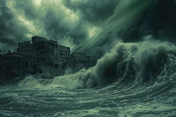 Poster image of a tsunami engulfing the city, natural disaster concept © Kien