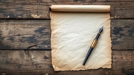a fountain pen lies on clean parchment, slightly stained with ink, on a wooden table background, copy space - obrazy, fototapety, plakaty