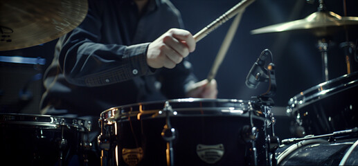 close up of hands of a drummer playing drums live in a concert - live music show concept