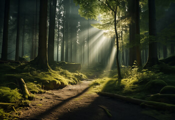 Sunlit Path Through Mystic Woods: Enchanting Forest and Light Rays