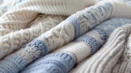 A close-up of neatly folded baby sweaters, showcasing intricate knit patterns and delicate textures.