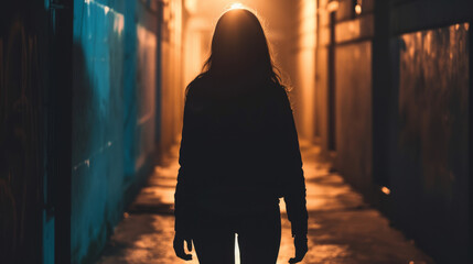 Silhouette of a young woman walking home alone at night , scared of stalker and being assault , insecurity concept
 - obrazy, fototapety, plakaty