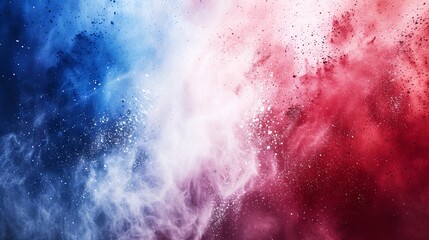 Vibrant French tricolor bursts with red, white, and blue holi powder on a background, representing celebration, soccer, and travel in Europe.