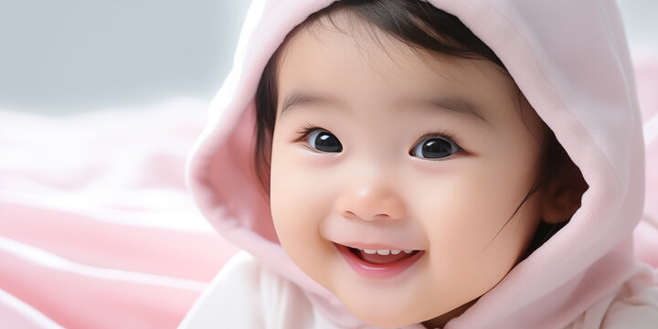 Cute little asian baby in bathrobe after bath. Banner with copy  space. Shallow depth of field.