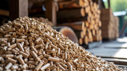 stack of biomass wood pellets pile and woodpile on background
