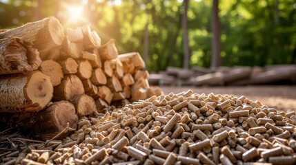 stack of biomass wood pellets pile and woodpile on background
