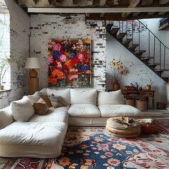 Cozy Living Room Interior with Colorful Artwork and Rustic Charm