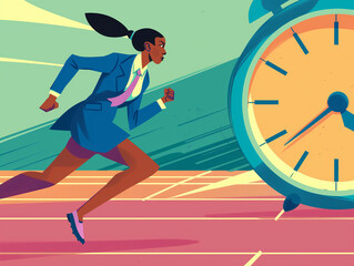 Fototapeta na wymiar Illustration of young african american businesswoman running on stadium track with clock. feeling anxiety and stress, trying to beat a deadline or countdown. 