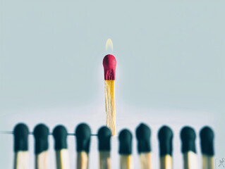 Best Job Candidate. A blue matchstick that stands out among the red matchsticks. Strong contrast in primary colors. Symbolizes leadership or top talent.
