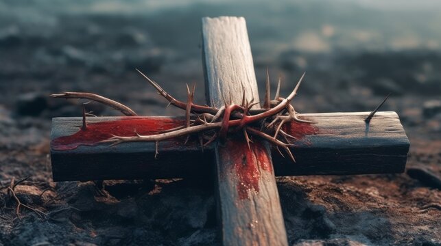 Crucifixion of jesus / religion easter background - Crown of thorns and rusty old nails with, blood and wooden cross on the ground