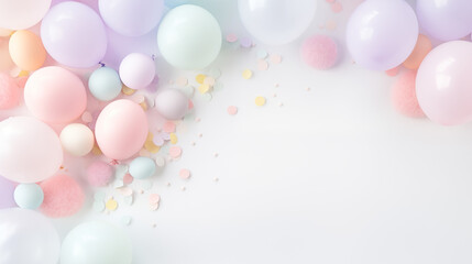 Urodzinowe minimalistyczne jasne tło na życzenia z balonami i dekoracjami - narodziny dziecka - dziewczynki lub chłopca.  - obrazy, fototapety, plakaty