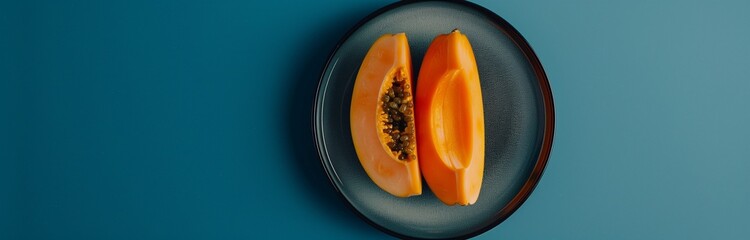 slices of fresh ripe papaya isolated open a blue plate  - obrazy, fototapety, plakaty