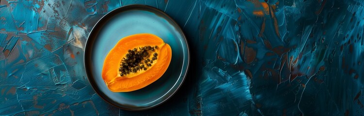 slice of orange fresh papaya on a blue plate isolated - obrazy, fototapety, plakaty