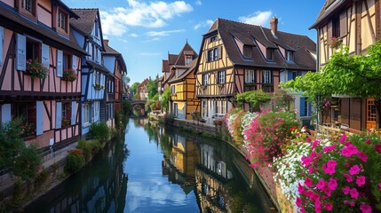 France. Small waterway and classic timber-framed homes. - obrazy, fototapety, plakaty
