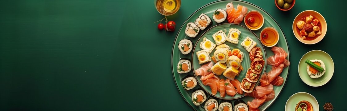 food for party isolated on a plate on green background