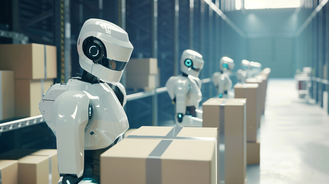 A fleet of autonomous robots efficiently navigating a high-tech warehouse, indicating a futuristic approach to logistics and supply chain management