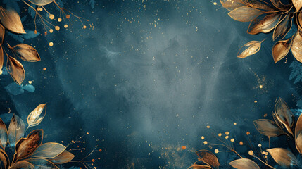 Abstract blue gold floral marble texture background, Grunge blue background with golden leaves. 3d illustration.
