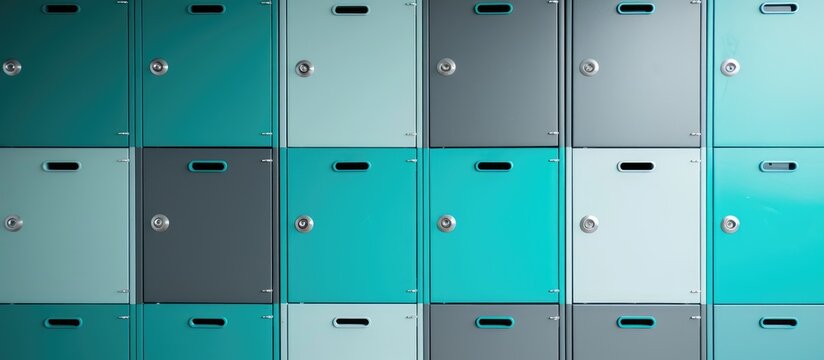 Modern lockers in gray and turquoise colors with numbered boxes, perfect for storing personal items in various places like supermarkets, sport clubs, swimming pools, schools, and stations. - Powered by Adobe
