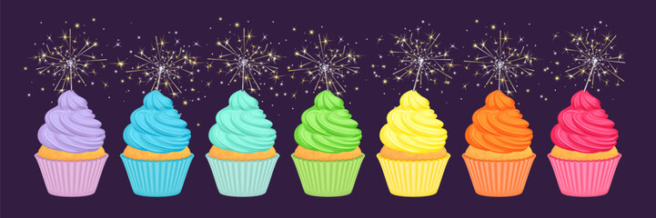 Cupcakes in rainbow colors with sparklers on dark background. Vector cartoon illustration of holiday baking.